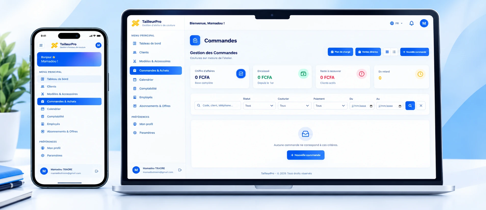 TailleurPro⁺ — écran Commandes : suivi du chiffre d'affaires, encaissements, restes à recouvrer