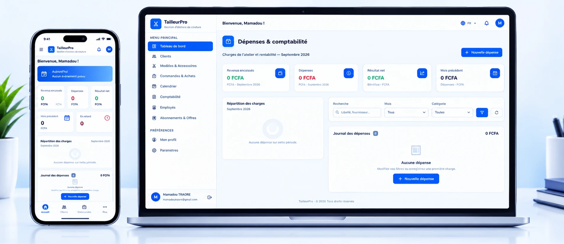 TailleurPro⁺ — écran Dépenses & comptabilité : revenus, charges et résultat nets du mois