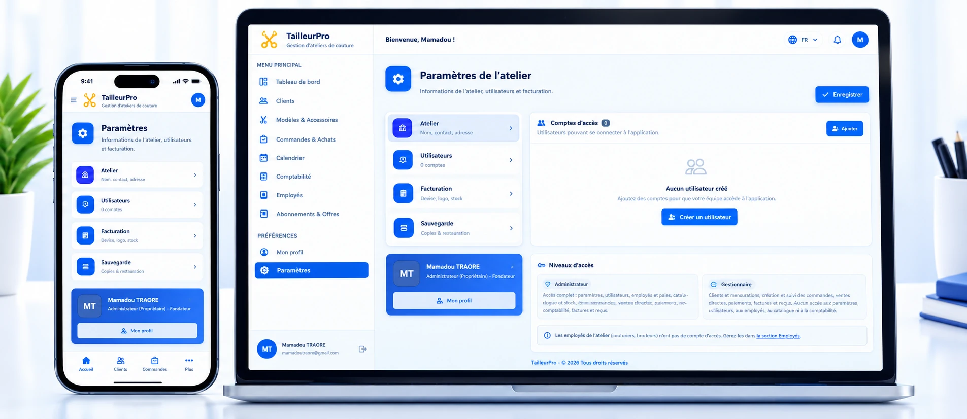 TailleurPro⁺ — écran Paramètres : atelier, comptes d'accès et rôles administrateur/gestionnaire